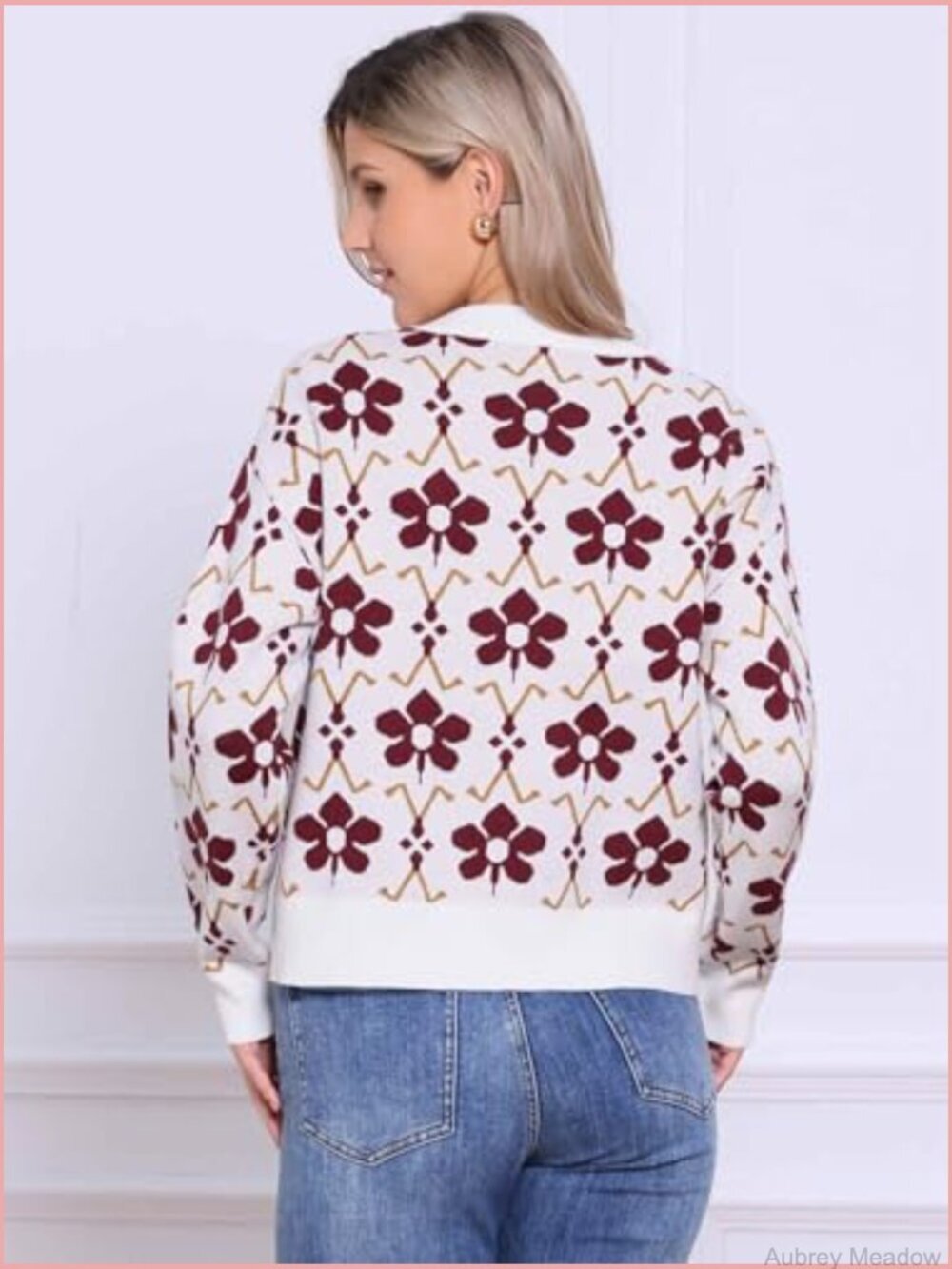 Floral Cardigan Sweater Open Front V Neck Long Sleeve Knit - Picture 3 of 5